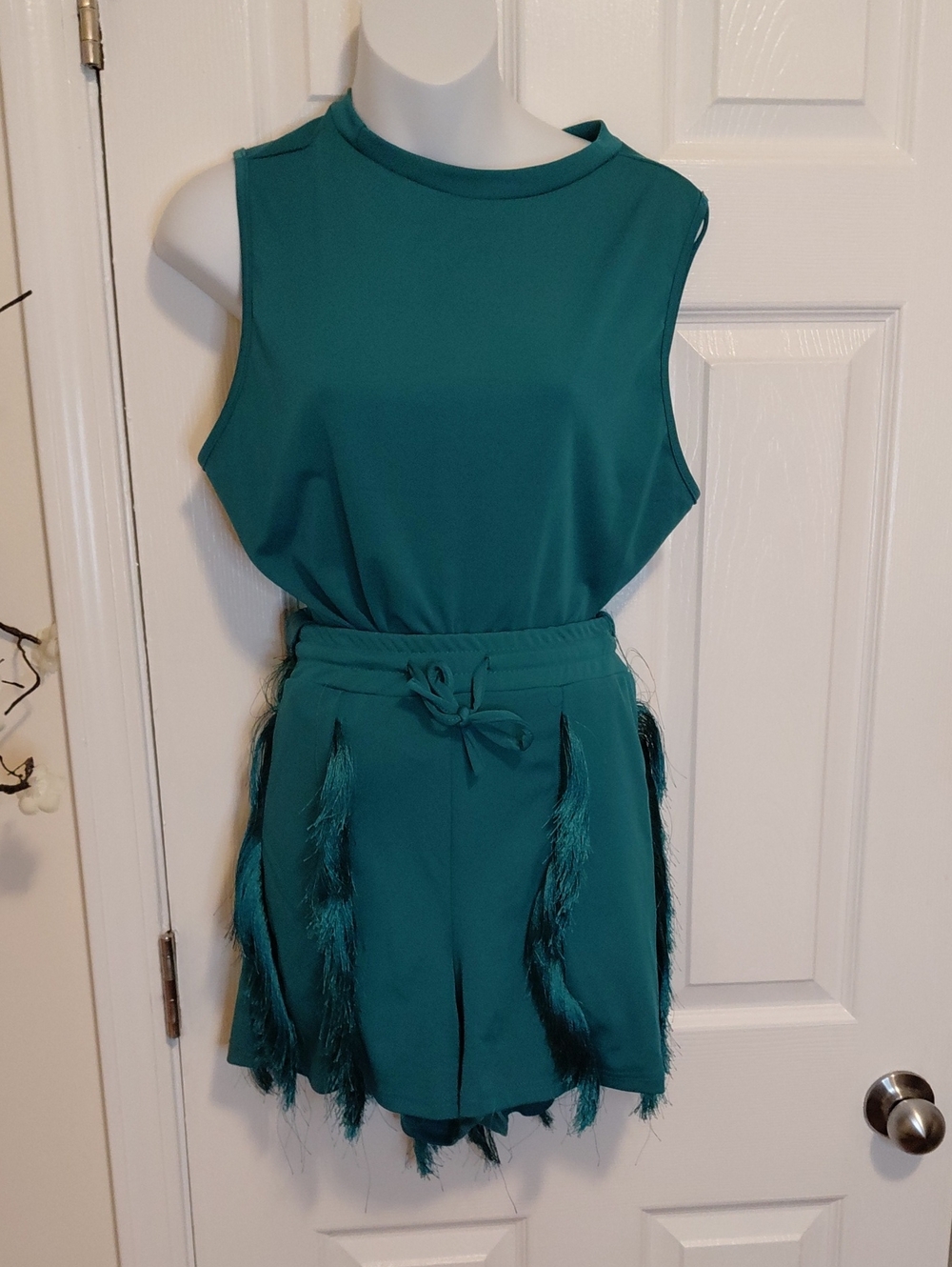Teal Sleeveless Two-Pice Set with Feather Trim